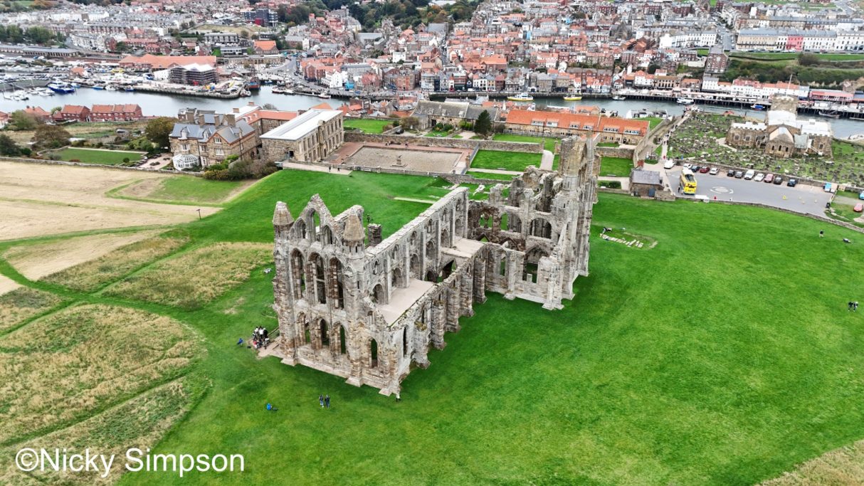 Aerial view of the ruins of Whitby Abbey surrounded by green grass and nearby town.