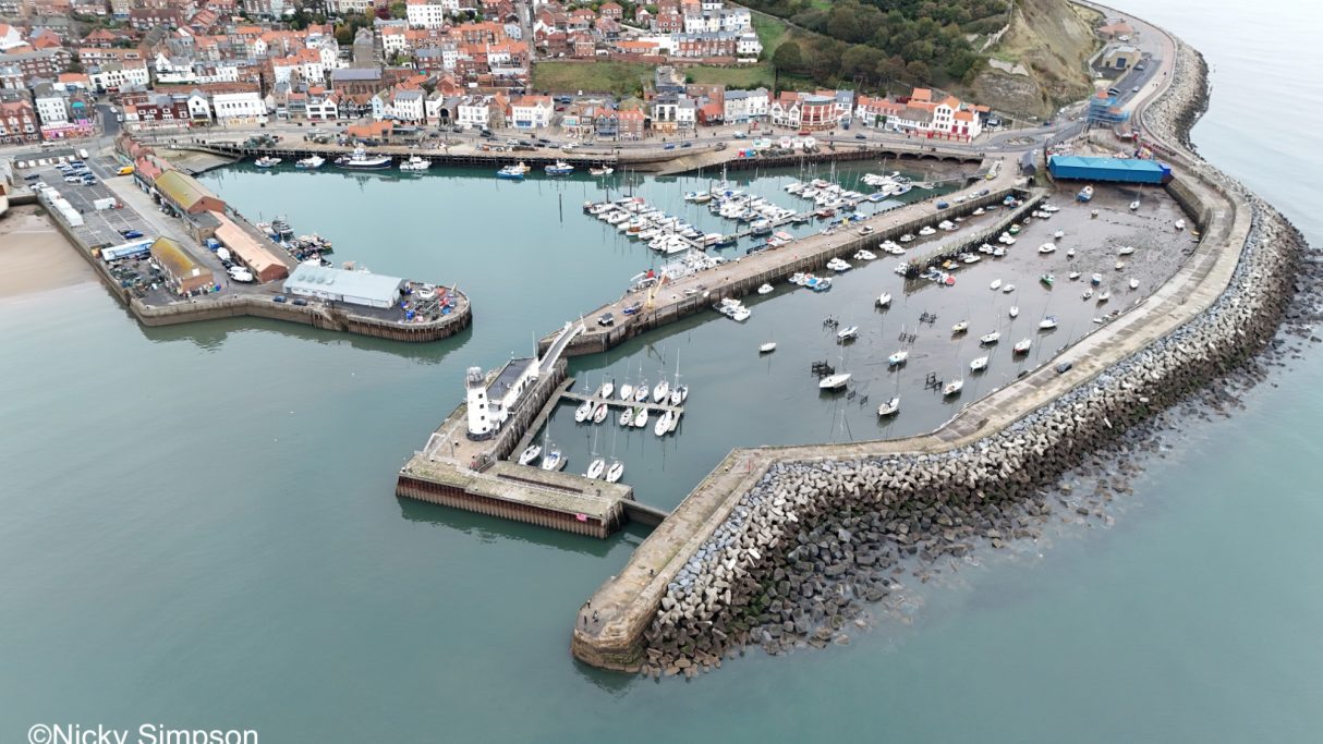 Aerial view of a coastal harbour with boats and residential buildings nearby.