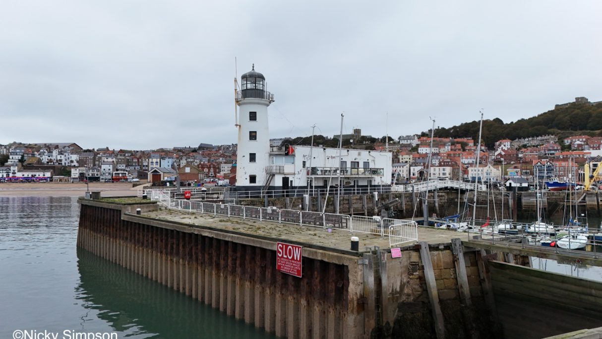 Harbour scene featuring a lighthouse and quaint seaside buildings under a grey sky.