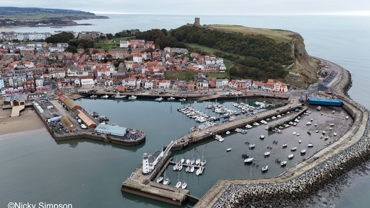 Aerial view of a coastal harbour with boats and residential buildings nearby.
