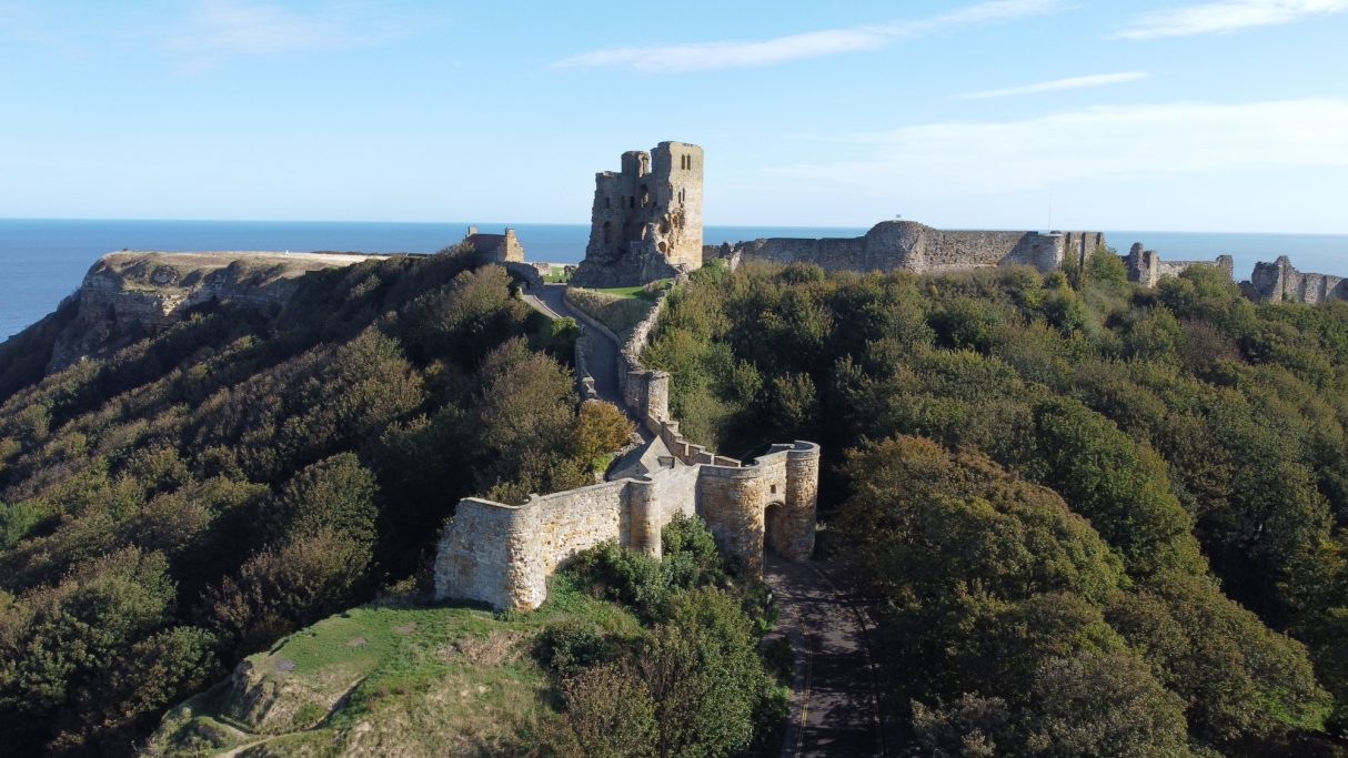 Ruins of a castle atop a green hill, overlooking the ocean under a clear blue sky.